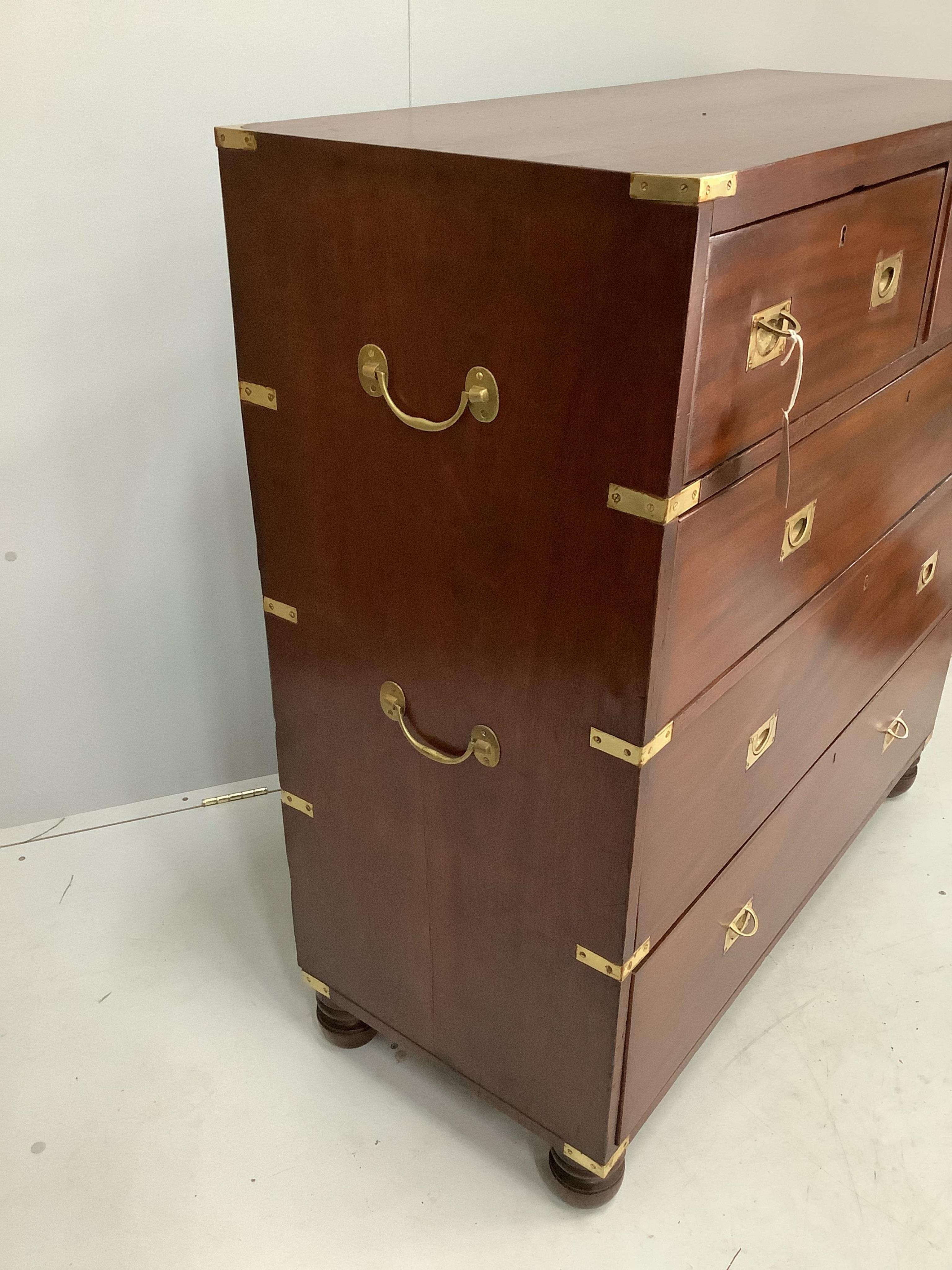 A brass mounted military style mahogany chest, width 104cm, depth 44cm, height 108cm